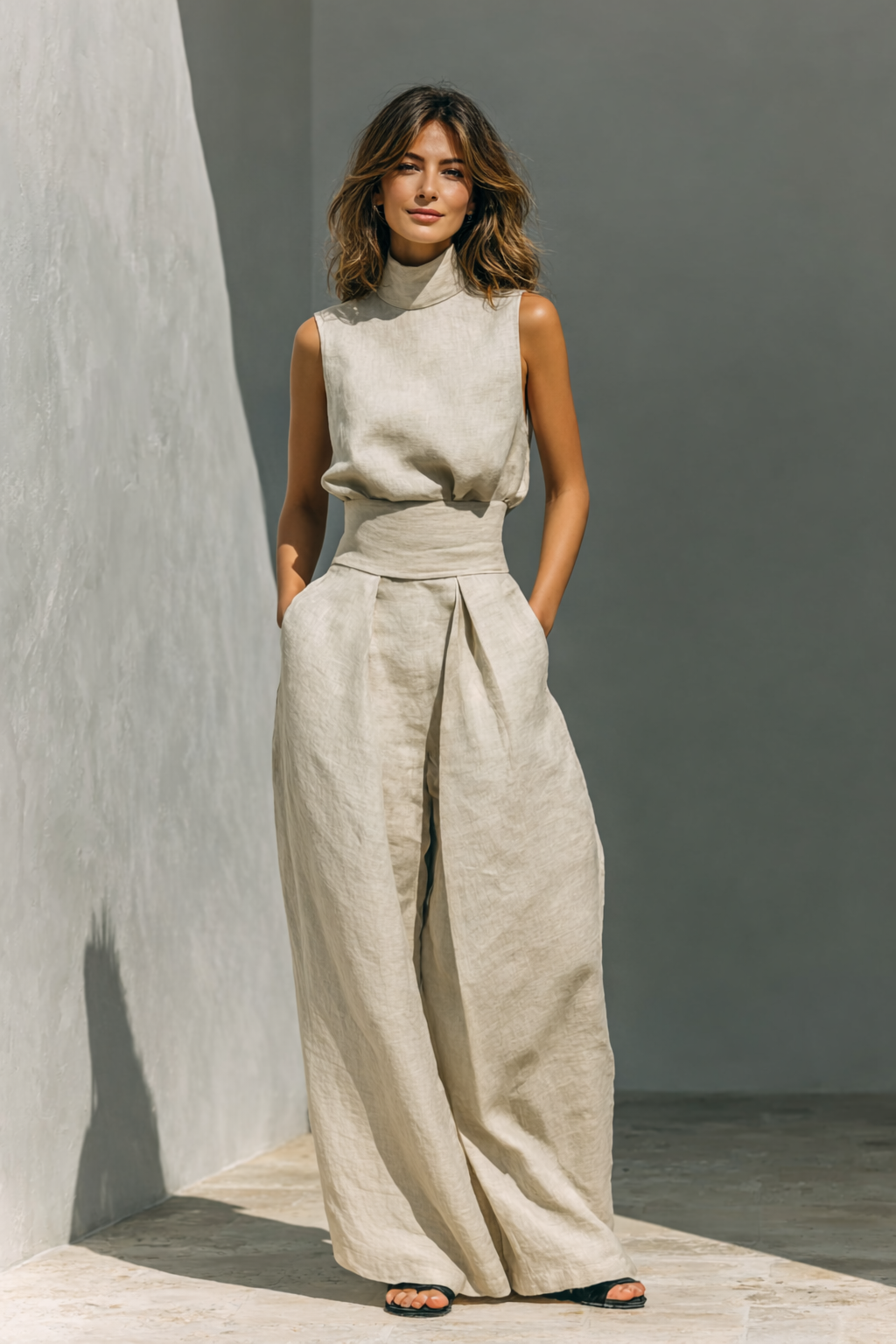 Maria - Conjunto minimalista de camiseta y pantalón ancho de algodón y lino para mujer