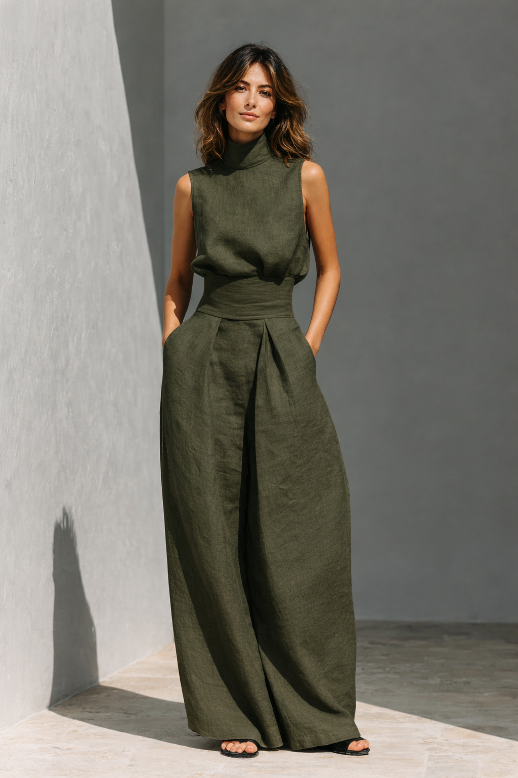 Maria - Conjunto minimalista de camiseta y pantalón ancho de algodón y lino para mujer
