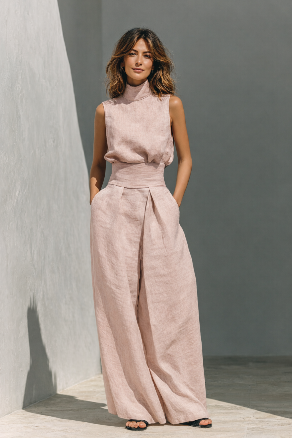 Maria - Conjunto minimalista de camiseta y pantalón ancho de algodón y lino para mujer