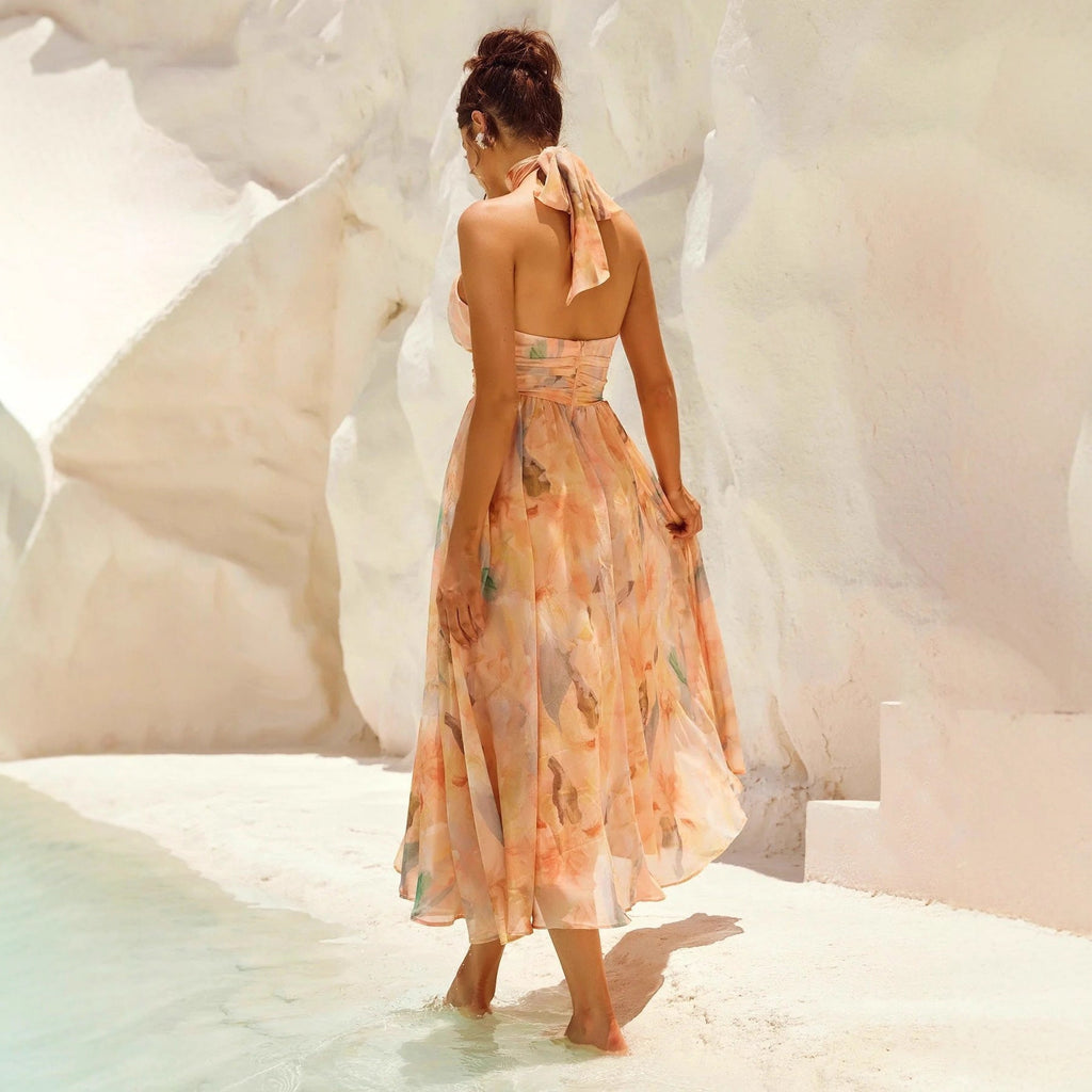 Esther | Vestido de Cuello Halter con Estampado de Acuarela