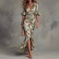 Lucía | Vestido largo asimétrico de satén con estampado floral