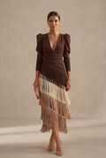 Frida | Vestido midi con flecos en verde salvia
